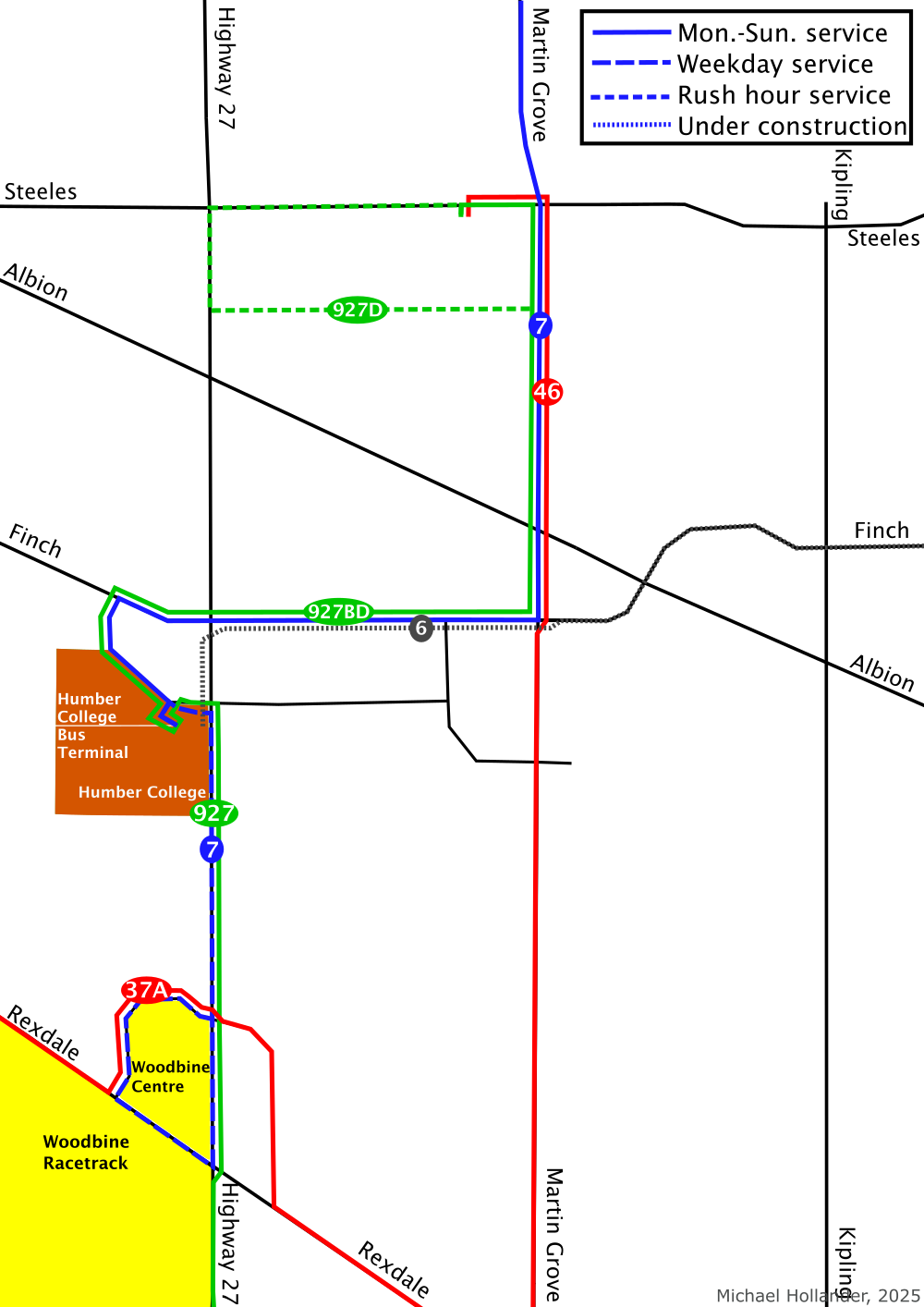 7 running directly to Highway 27 
        instead of running up to Finch south of Humber College Terminal